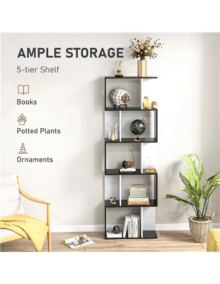 HOMCOM Bookcase, S-Shaped Wooden Bookshelf, 5/6 Tiers Freestanding Storage Shelf, Home Office Decorative Display Stand Rack, Bla