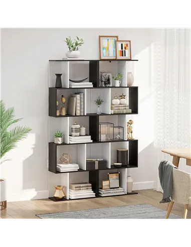 HOMCOM Bookcase, S-Shaped Wooden Bookshelf, 5/6 Tiers Freestanding Storage Shelf, Home Office Decorative Display Stand Rack, Bla