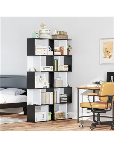 HOMCOM Bookcase, S-Shaped Wooden Bookshelf, 5/6 Tiers Freestanding Storage Shelf, Home Office Decorative Display Stand Rack, Bla