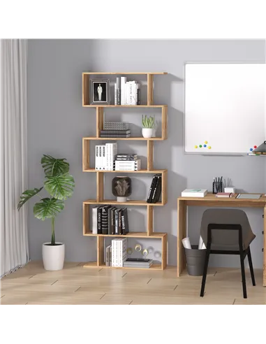 HOMCOM Bookcase, 6 Tier Shelf S Shaped Bookshelf, Storage Unit, Display Shelf for Living Room, Bedroom, Home Office, Plant, Oak