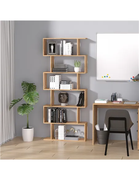 HOMCOM Bookcase, 6 Tier Shelf S Shaped Bookshelf, Storage Unit, Display Shelf for Living Room, Bedroom, Home Office, Plant, Oak