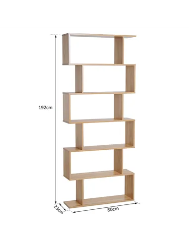 HOMCOM Bookcase, 6 Tier Shelf S Shaped Bookshelf, Storage Unit, Display Shelf for Living Room, Bedroom, Home Office, Plant, Oak