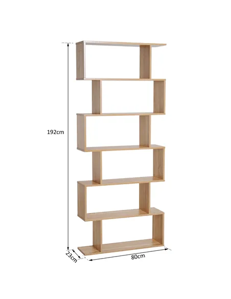 HOMCOM Bookcase, 6 Tier Shelf S Shaped Bookshelf, Storage Unit, Display Shelf for Living Room, Bedroom, Home Office, Plant, Oak