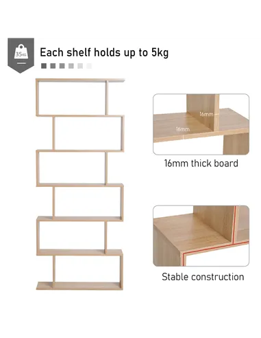 HOMCOM Bookcase, 6 Tier Shelf S Shaped Bookshelf, Storage Unit, Display Shelf for Living Room, Bedroom, Home Office, Plant, Oak