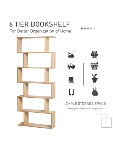 HOMCOM Bookcase, 6 Tier Shelf S Shaped Bookshelf, Storage Unit, Display Shelf for Living Room, Bedroom, Home Office, Plant, Oak