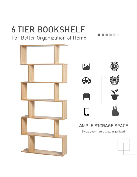 HOMCOM Bookcase, 6 Tier Shelf S Shaped Bookshelf, Storage Unit, Display Shelf for Living Room, Bedroom, Home Office, Plant, Oak