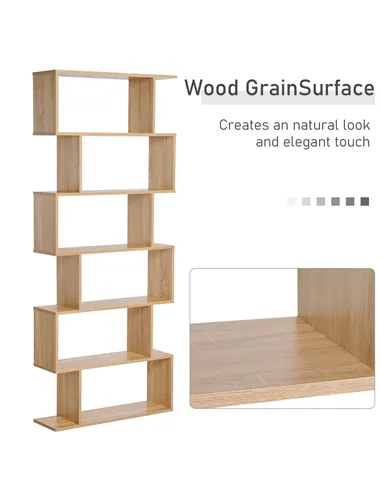 HOMCOM Bookcase, 6 Tier Shelf S Shaped Bookshelf, Storage Unit, Display Shelf for Living Room, Bedroom, Home Office, Plant, Oak