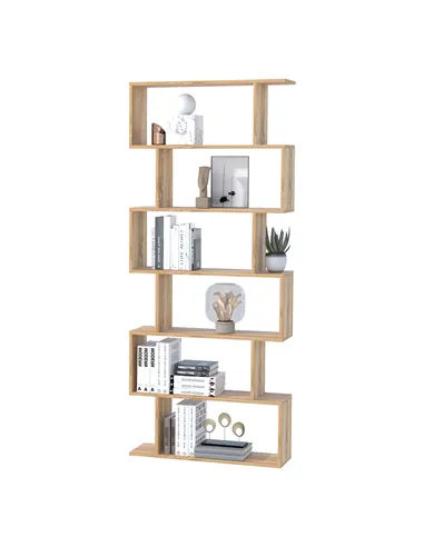 HOMCOM Bookcase, 6 Tier Shelf S Shaped Bookshelf, Storage Unit, Display Shelf for Living Room, Bedroom, Home Office, Plant, Oak