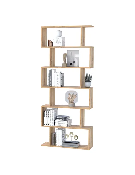 HOMCOM Bookcase, 6 Tier Shelf S Shaped Bookshelf, Storage Unit, Display Shelf for Living Room, Bedroom, Home Office, Plant, Oak