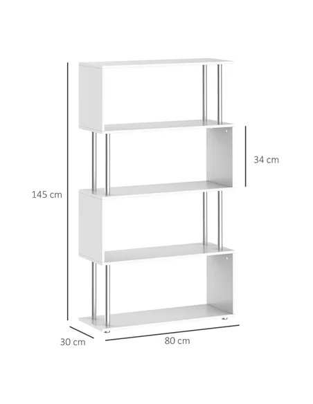 HOMCOM S Shape Bookcase, 5 Tiers Bookshelf, Modern Freestanding Storage Shelf for Home Office, Study, Living Room, 80 x 30 x 145