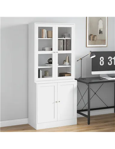 HOMCOM Modern Bookcase with Glass Doors, Display Storage Cabinet with Adjustable Shelves for Living Room, Study, Home Office, Ki