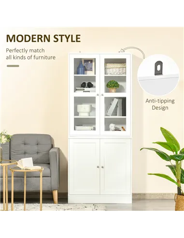 HOMCOM Modern Bookcase with Glass Doors, Display Storage Cabinet with Adjustable Shelves for Living Room, Study, Home Office, Ki