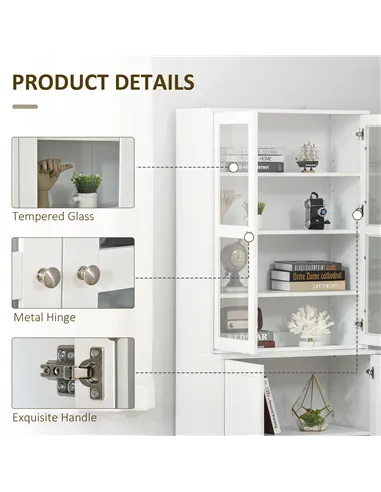 HOMCOM Modern Bookcase with Glass Doors, Display Storage Cabinet with Adjustable Shelves for Living Room, Study, Home Office, Ki