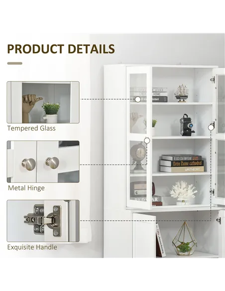 HOMCOM Modern Bookcase with Glass Doors, Display Storage Cabinet with Adjustable Shelves for Living Room, Study, Home Office, Ki