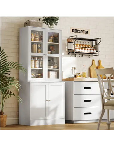 HOMCOM Modern Bookcase with Glass Doors, Display Storage Cabinet with Adjustable Shelves for Living Room, Study, Home Office, Ki