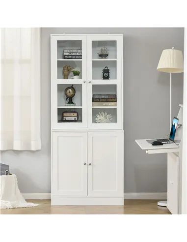 HOMCOM Modern Bookcase with Glass Doors, Display Storage Cabinet with Adjustable Shelves for Living Room, Study, Home Office, Ki