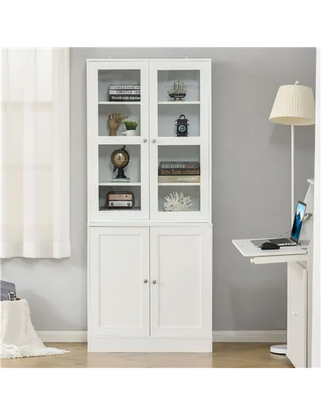 HOMCOM Modern Bookcase with Glass Doors, Display Storage Cabinet with Adjustable Shelves for Living Room, Study, Home Office, Ki