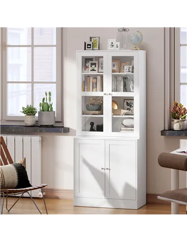 HOMCOM Modern Bookcase with Glass Doors, Display Storage Cabinet with Adjustable Shelves for Living Room, Study, Home Office, Ki