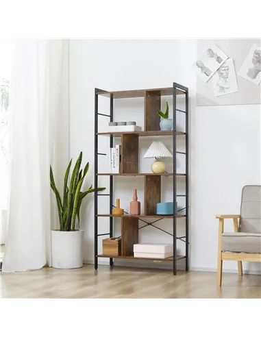 HOMCOM Industrial Storage Unit, 5 Tiers Bookcase with Open Compartments for Office Living Room, Bedroom, Rustic Brown and Black