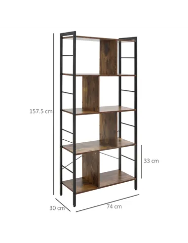 HOMCOM Industrial Storage Unit, 5 Tiers Bookcase with Open Compartments for Office Living Room, Bedroom, Rustic Brown and Black