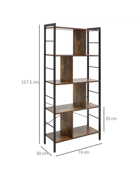 HOMCOM Industrial Storage Unit, 5 Tiers Bookcase with Open Compartments for Office Living Room, Bedroom, Rustic Brown and Black