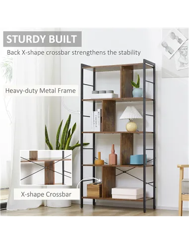 HOMCOM Industrial Storage Unit, 5 Tiers Bookcase with Open Compartments for Office Living Room, Bedroom, Rustic Brown and Black