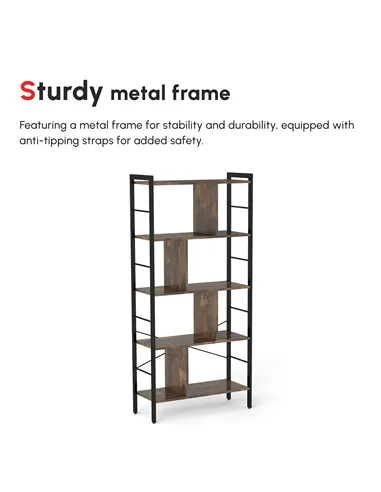 HOMCOM Industrial Storage Unit, 5 Tiers Bookcase with Open Compartments for Office Living Room, Bedroom, Rustic Brown and Black