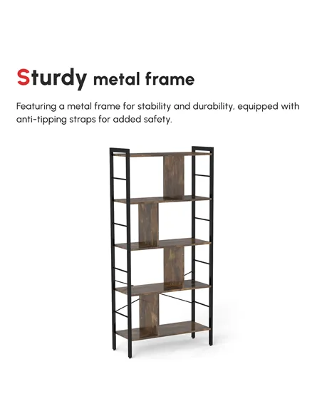 HOMCOM Industrial Storage Unit, 5 Tiers Bookcase with Open Compartments for Office Living Room, Bedroom, Rustic Brown and Black