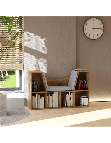 HOMCOM Bookcase Storage Shelf with Cushioned Reading Seat, Cube Bookshelf Organizer for Bedroom Living Room, Rustic Brown