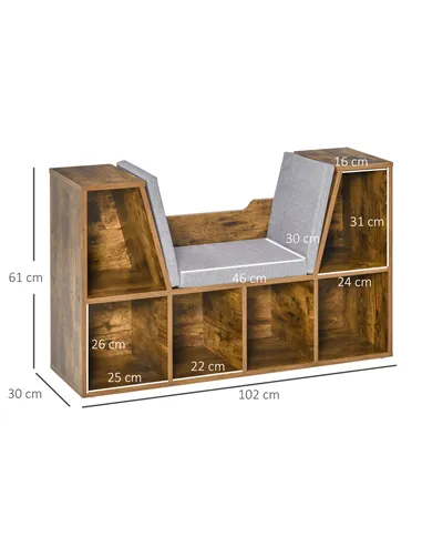HOMCOM Bookcase Storage Shelf with Cushioned Reading Seat, Cube Bookshelf Organizer for Bedroom Living Room, Rustic Brown