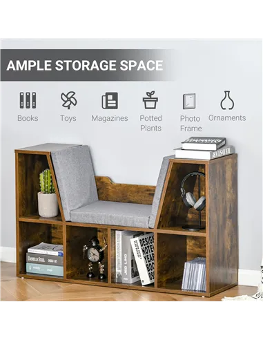 HOMCOM Bookcase Storage Shelf with Cushioned Reading Seat, Cube Bookshelf Organizer for Bedroom Living Room, Rustic Brown