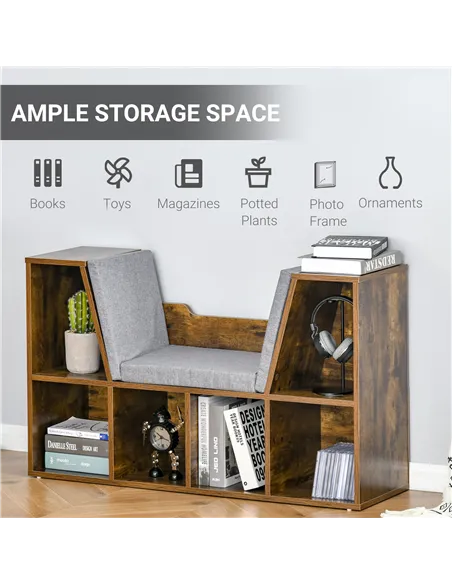 HOMCOM Bookcase Storage Shelf with Cushioned Reading Seat, Cube Bookshelf Organizer for Bedroom Living Room, Rustic Brown