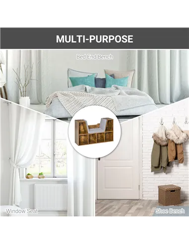 HOMCOM Bookcase Storage Shelf with Cushioned Reading Seat, Cube Bookshelf Organizer for Bedroom Living Room, Rustic Brown