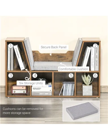 HOMCOM Bookcase Storage Shelf with Cushioned Reading Seat, Cube Bookshelf Organizer for Bedroom Living Room, Rustic Brown