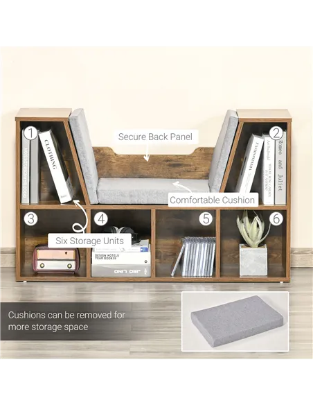 HOMCOM Bookcase Storage Shelf with Cushioned Reading Seat, Cube Bookshelf Organizer for Bedroom Living Room, Rustic Brown