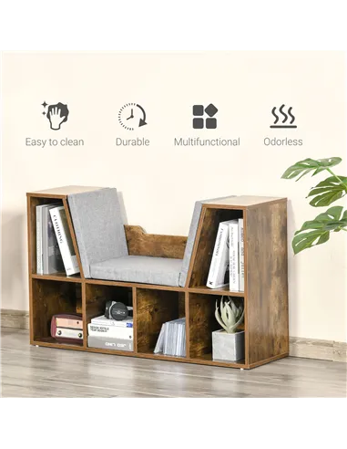 HOMCOM Bookcase Storage Shelf with Cushioned Reading Seat, Cube Bookshelf Organizer for Bedroom Living Room, Rustic Brown