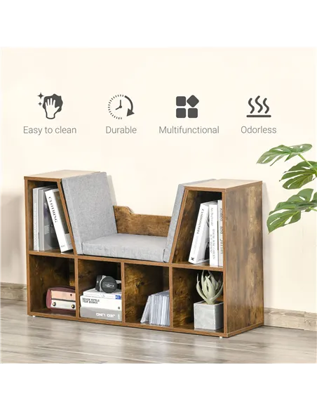 HOMCOM Bookcase Storage Shelf with Cushioned Reading Seat, Cube Bookshelf Organizer for Bedroom Living Room, Rustic Brown