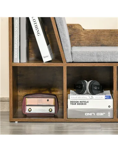 HOMCOM Bookcase Storage Shelf with Cushioned Reading Seat, Cube Bookshelf Organizer for Bedroom Living Room, Rustic Brown