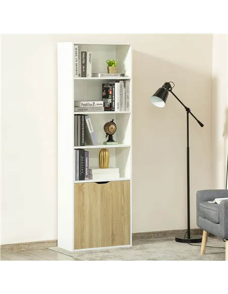 HOMCOM 6-Tier Tall Bookcase, Bookshelf with 4 Open Shelves and Double Door Storage Cabinet, Freestanding Display Rack for Living