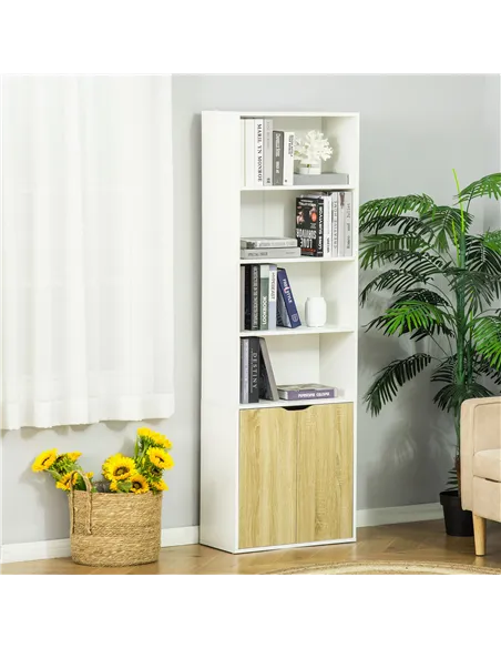 HOMCOM 6-Tier Tall Bookcase, Bookshelf with 4 Open Shelves and Double Door Storage Cabinet, Freestanding Display Rack for Living