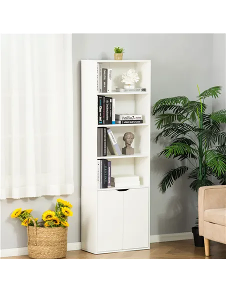 HOMCOM 6-Tier Tall Bookcase, Bookshelf with 4 Open Shelves and Double Door Storage Cabinet, Freestanding Display Rack for Living