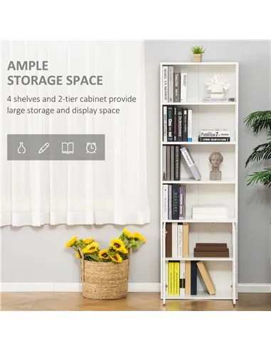 HOMCOM 6-Tier Tall Bookcase, Bookshelf with 4 Open Shelves and Double Door Storage Cabinet, Freestanding Display Rack for Living