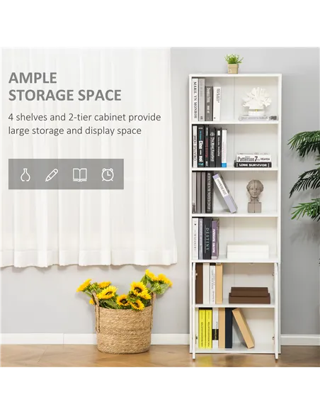 HOMCOM 6-Tier Tall Bookcase, Bookshelf with 4 Open Shelves and Double Door Storage Cabinet, Freestanding Display Rack for Living