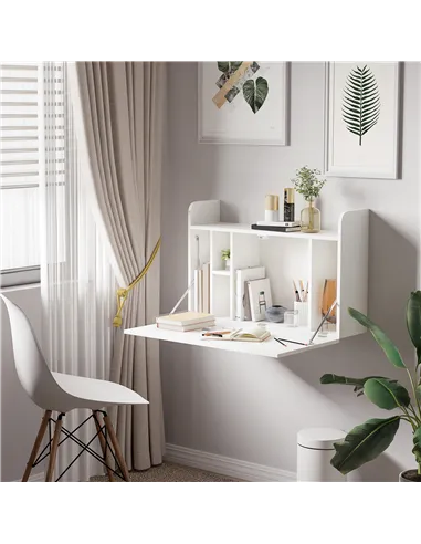 HOMCOM Wall Mounted Table, Drop Leaf Floating Laptop Desk with Space Saving Storage Compartments for Home Office and Study, 77cm