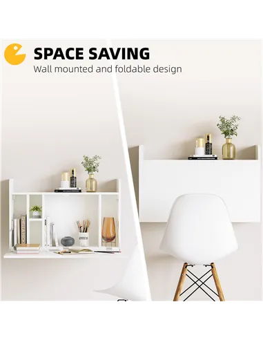 HOMCOM Wall Mounted Table, Drop Leaf Floating Laptop Desk with Space Saving Storage Compartments for Home Office and Study, 77cm