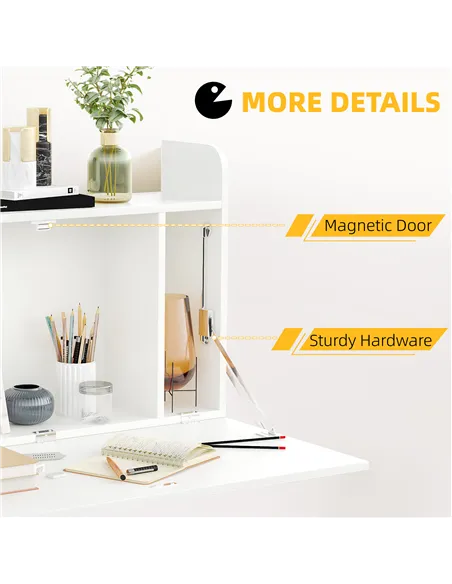 HOMCOM Wall Mounted Table, Drop Leaf Floating Laptop Desk with Space Saving Storage Compartments for Home Office and Study, 77cm