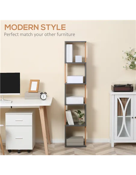 HOMCOM Modern 5-Tier Bookshelf, Freestanding Bookcase Storage Shelving for Living Room Home Office Study, Brown and Dark Grey