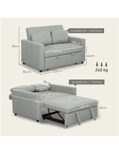 HOMCOM Velvet-Feel Two-Seater Sofa Bed - Light Grey