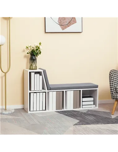 HOMCOM Bookcase Storage Shelf with Cushioned Reading Seat, Bookshelf Storage Cabinet for Study Living Room, White