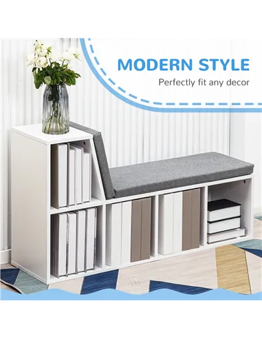 HOMCOM Bookcase Storage Shelf with Cushioned Reading Seat, Bookshelf Storage Cabinet for Study Living Room, White